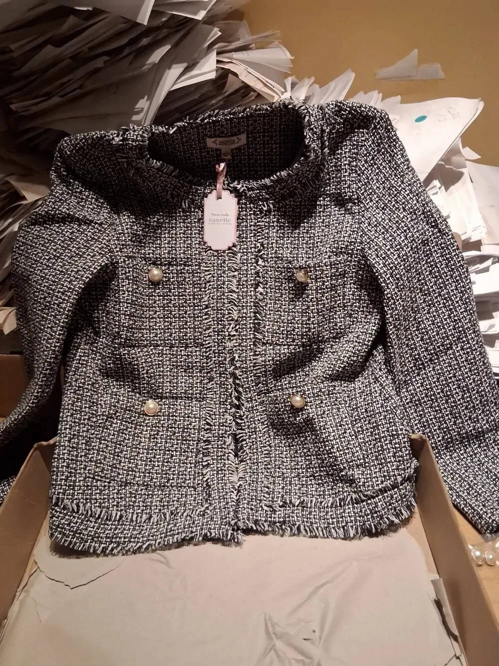 NWT NANETTE LEPORE BLACK AND WHITE TWEED PEARLS JACKET XL $199